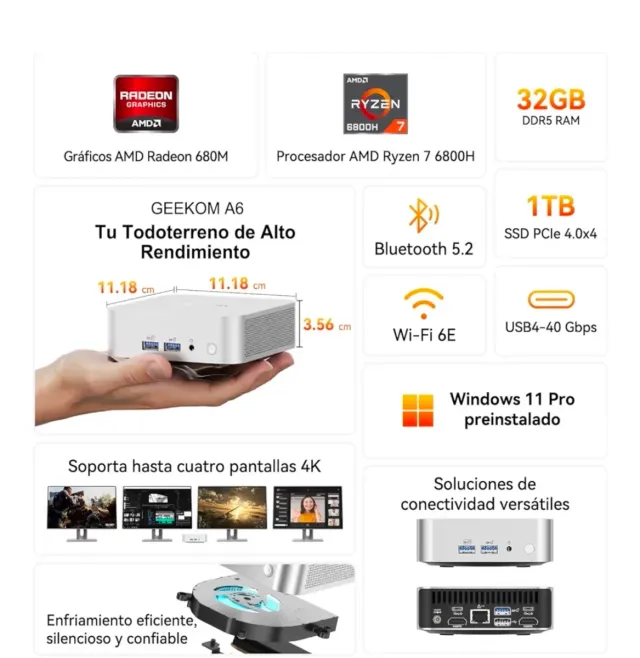 Mini PC GEEKOM A6 Plata/Blanco