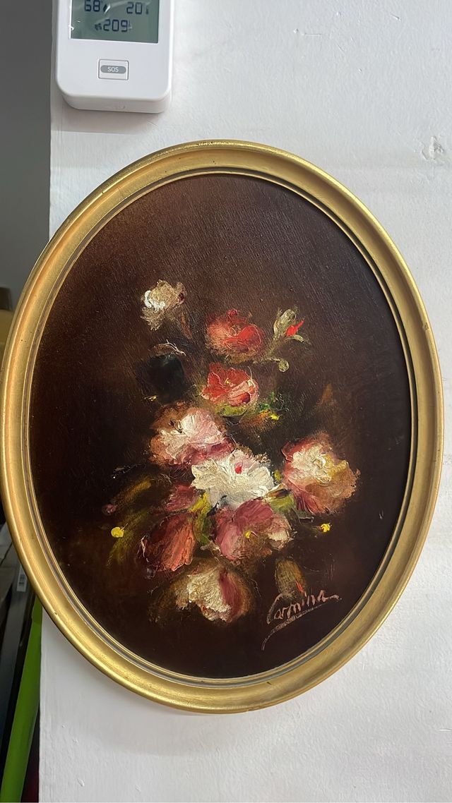 Cuadro Óleo Flores Ovalado Dorado