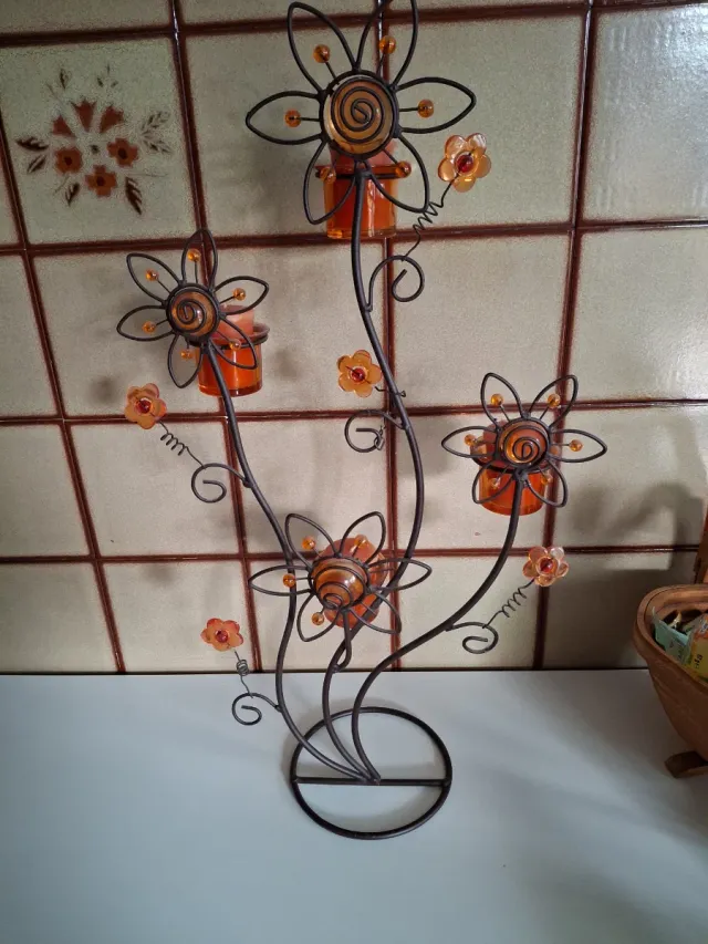 Adorno porta-velas forja flores naranja