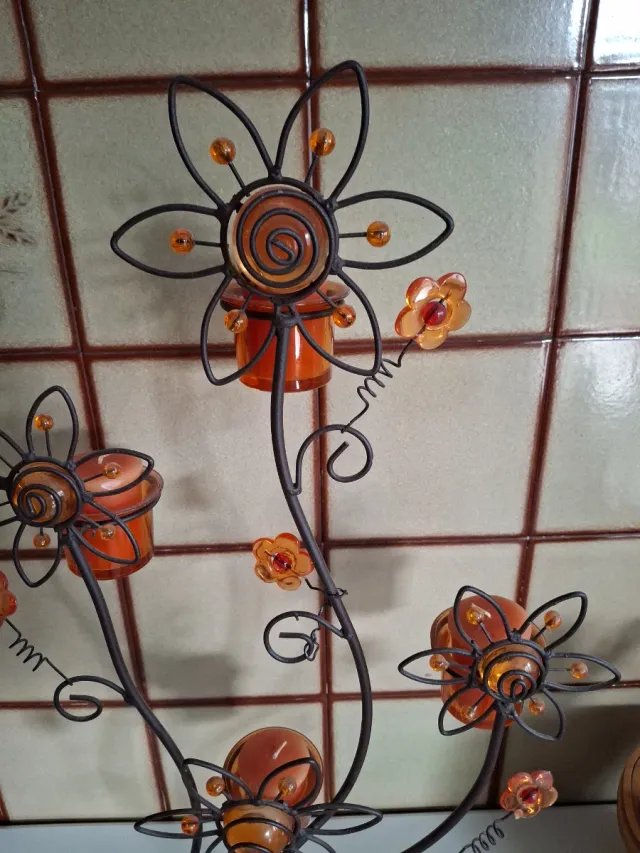Adorno porta-velas forja flores naranja