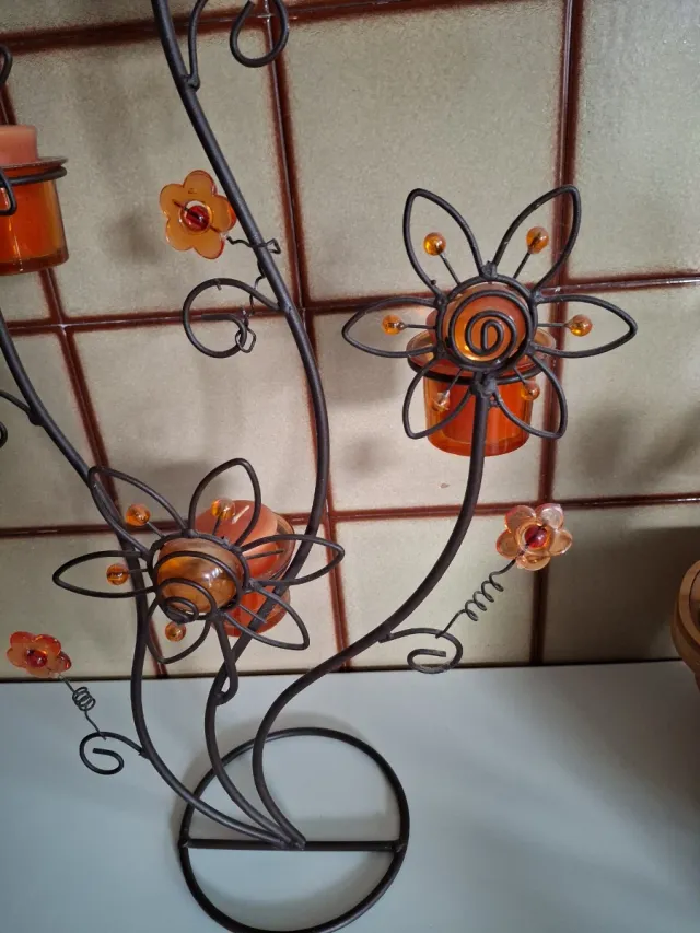 Adorno porta-velas forja flores naranja