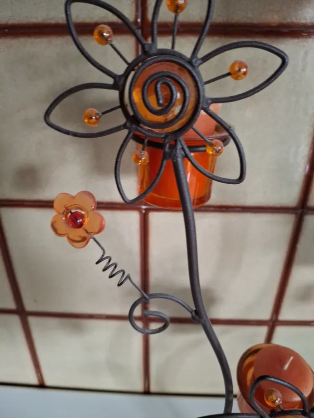 Adorno porta-velas forja flores naranja