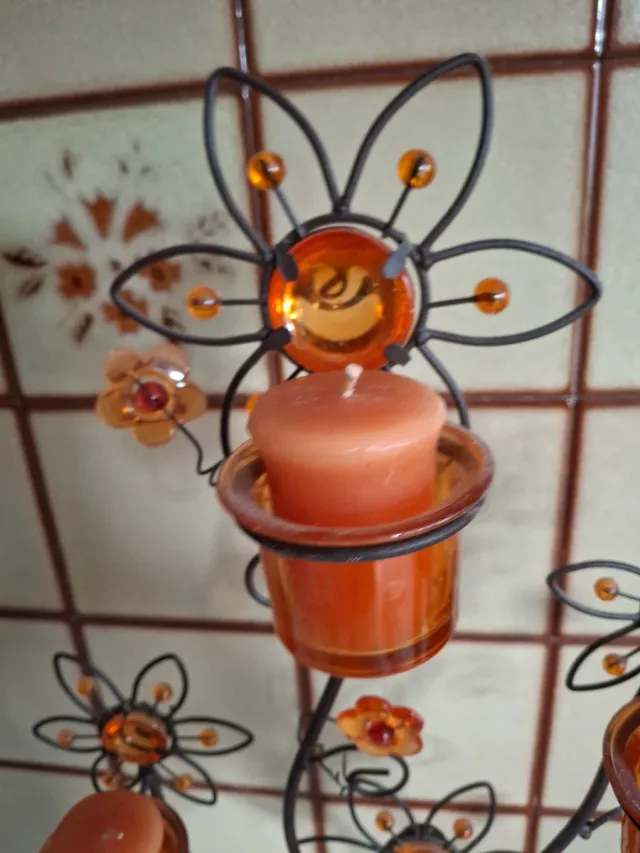 Adorno porta-velas forja flores naranja