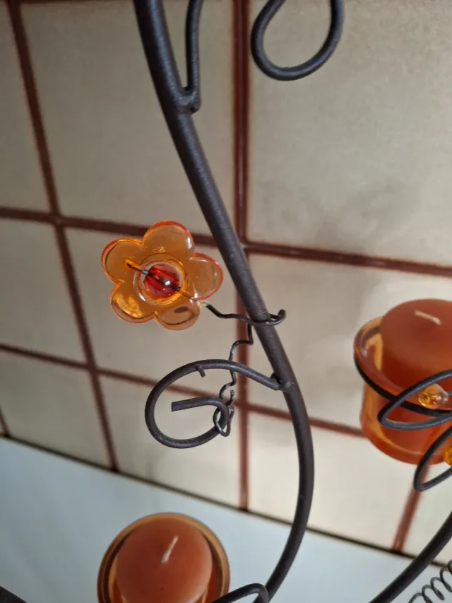 Adorno porta-velas forja flores naranja