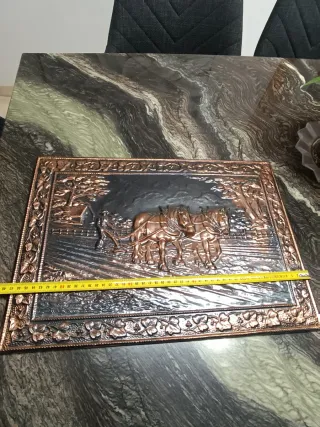 Cuadro de latón antiguo: Caballos y granja