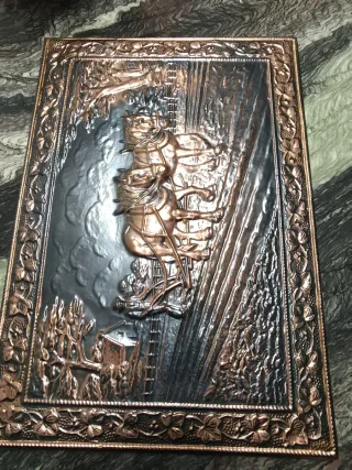 Cuadro de latón antiguo: Caballos y granja