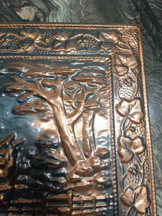 Cuadro de latón antiguo: Caballos y granja