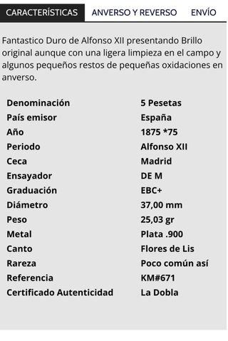 Moneda Plata Alfonso XII 1875 España