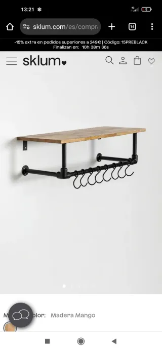 Perchero de pared en madera y metal