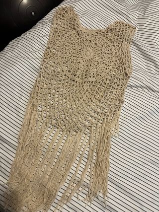 Pareo tejido crochet flecos beige
