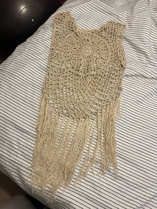 Pareo tejido crochet flecos beige