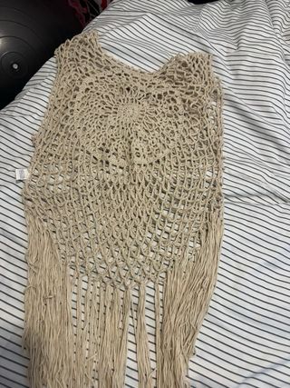 Pareo tejido crochet flecos beige