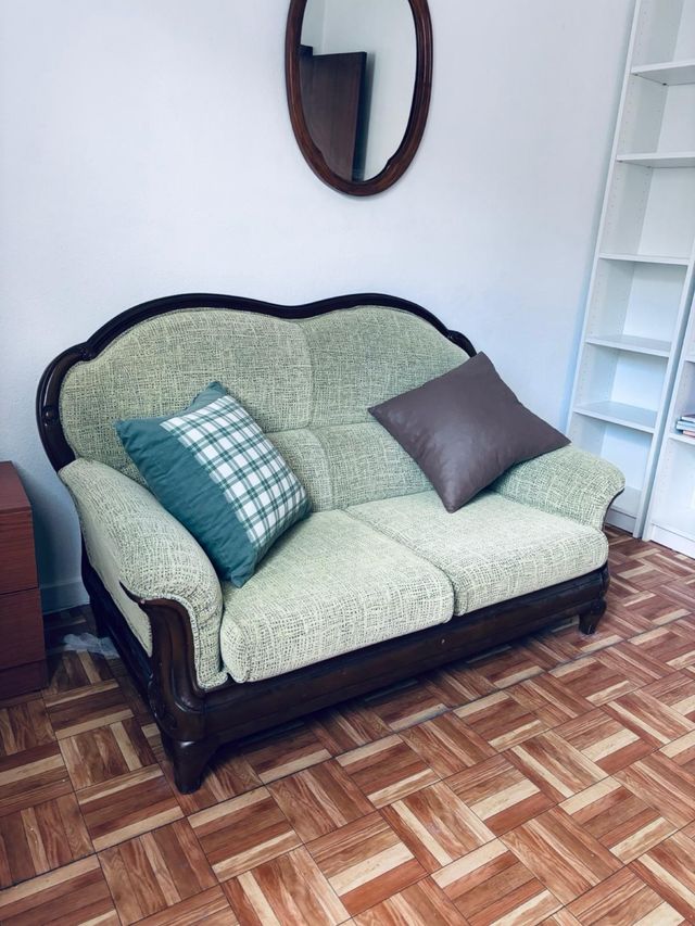 Sofá 2 plazas vintage tela y madera