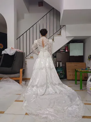 Vestido de Novia Blanco Encaje y Satén de los 90