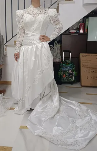 Vestido de Novia Blanco Encaje y Satén de los 90