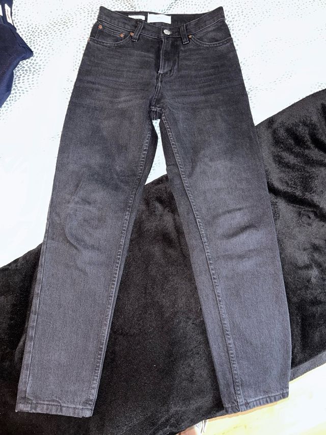 Mango Mom Jeans Tiro Medio Negro Ceniza Talla 32