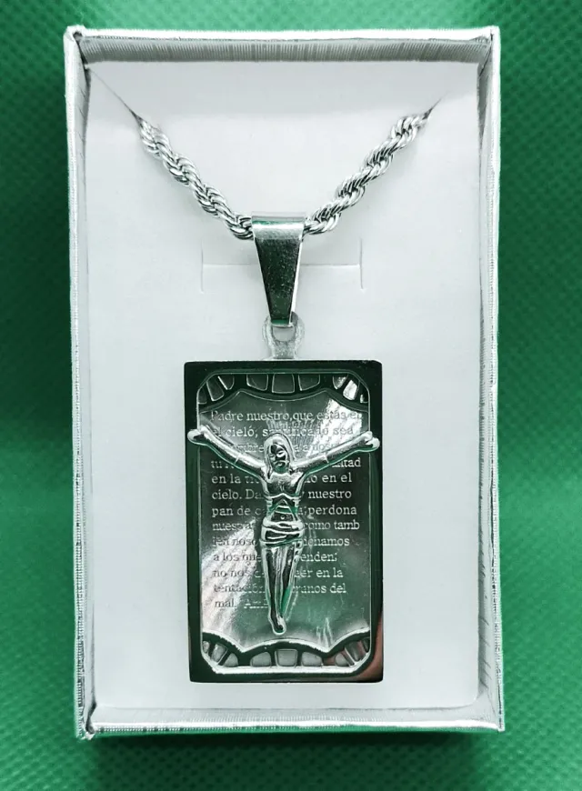 Colgante Cristo y el Padre Nuestro acero inoxidabl
