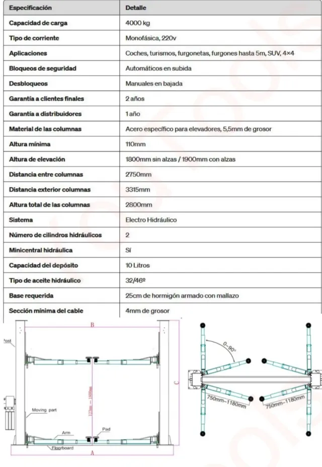 Elevador 2 Columnas 4T Semiautomático robusto