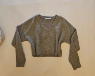 Jersey top de lana cuello pico gris