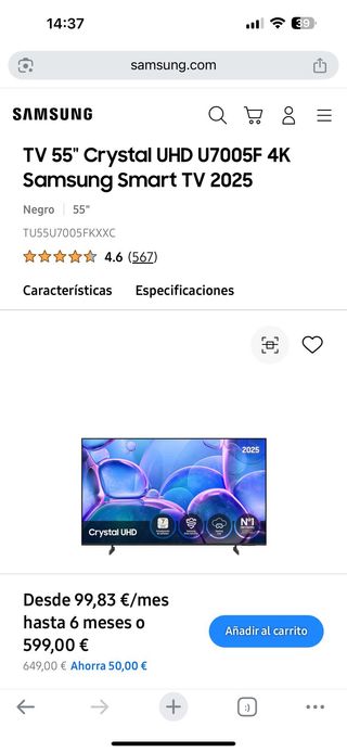 Samsung Crystal UHD 55 U7000F Smart TV 4K