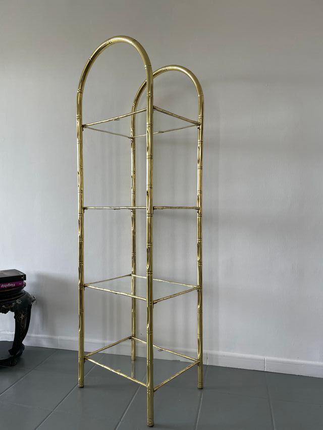 Scaffale vintage in ottone e cristallo