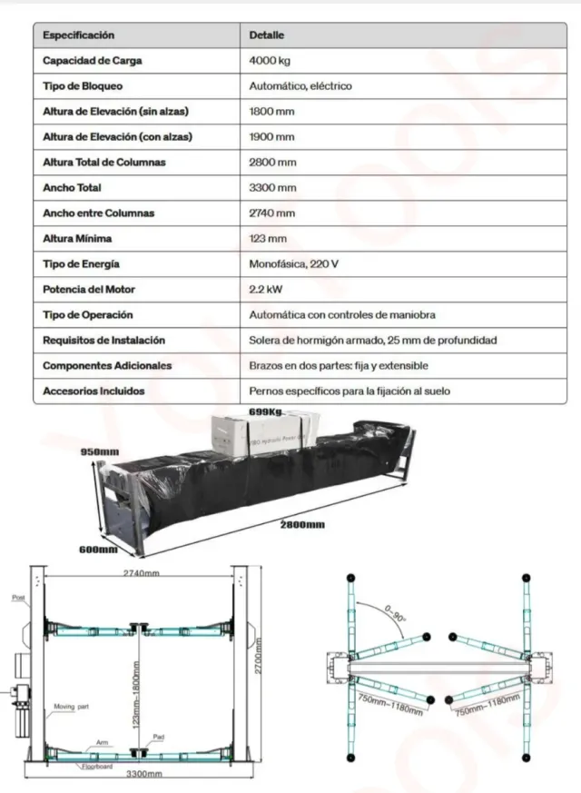 Elevador 2 columnas 4T automático robusto