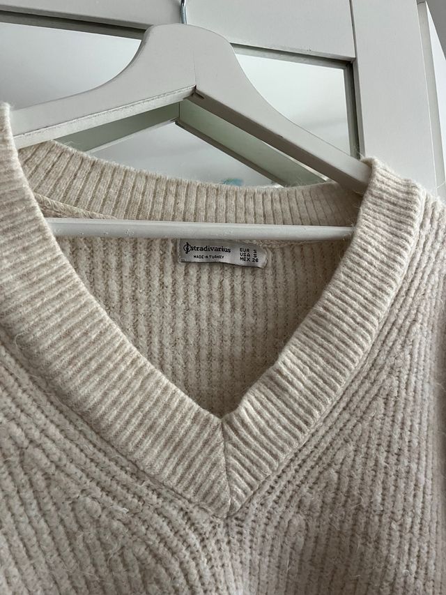 Jersey punto cuello pico beige talla única