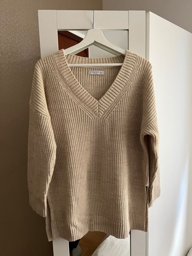 Jersey punto cuello pico beige