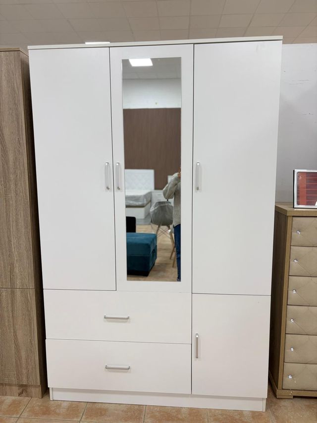 Armario 3 puertas con espejo y cajones - BLANCO