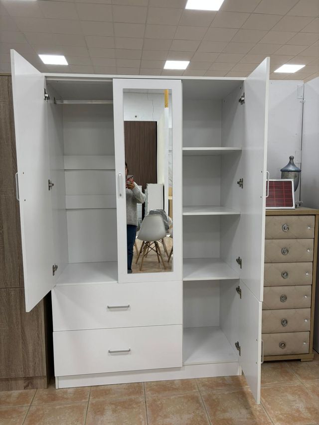 Armario 3 puertas con espejo y cajones - BLANCO