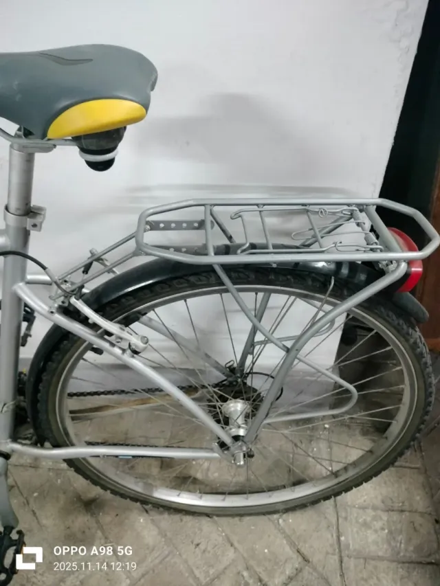 Bicicleta plateada con portaequipajes