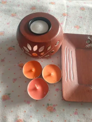 Portacandele in legno e pietra