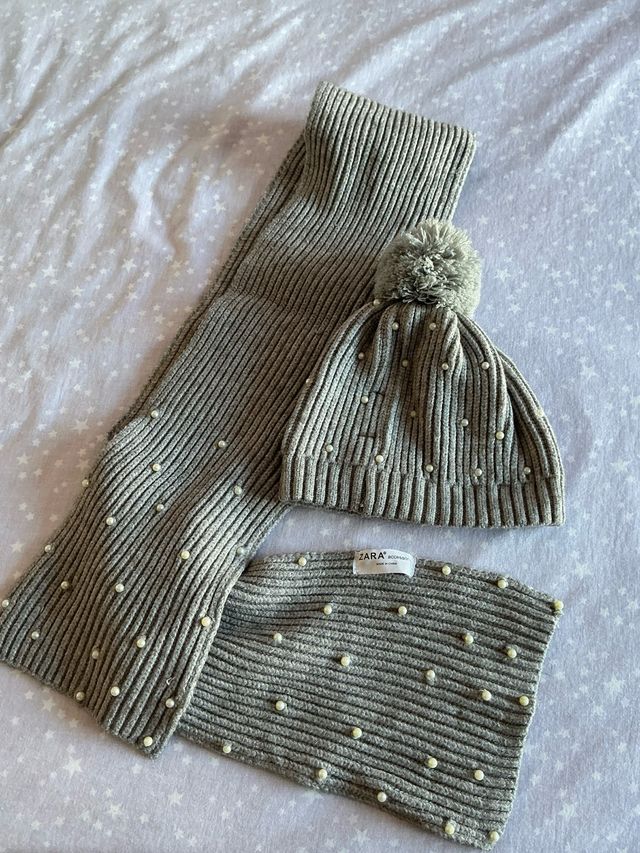 Conjunto Zara gorro y bufanda perlas, muy caliente