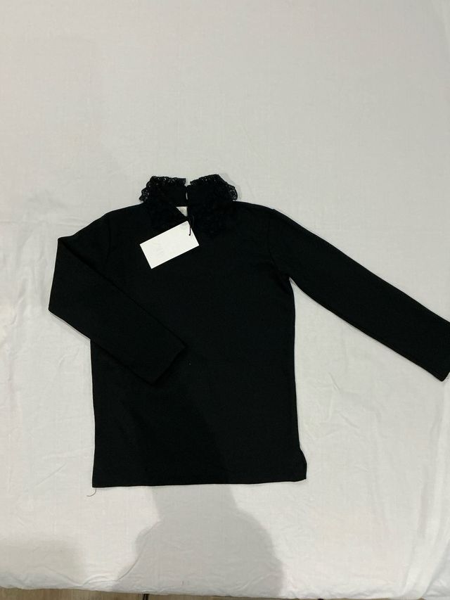 Blusa Zara Negra Encaje Cuello Alto