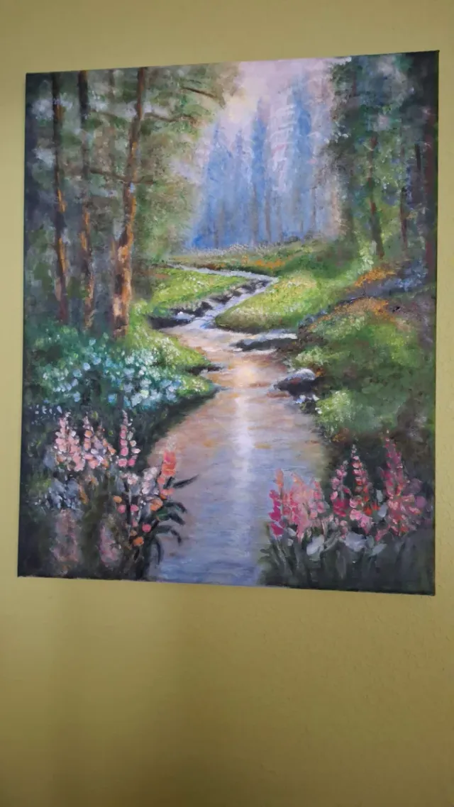 Cuadro al óleo paisaje bosque y río