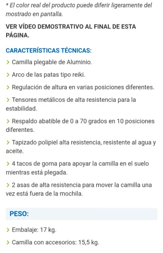 Camilla plegable, accesorios y bolsa de transporte