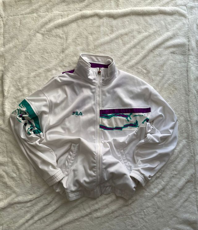 Giacca Track Fila Vintage Bianca con Dettagli Viola e Teal - Taglia L