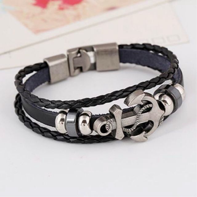 Pulsera ancla cuero trenzado
