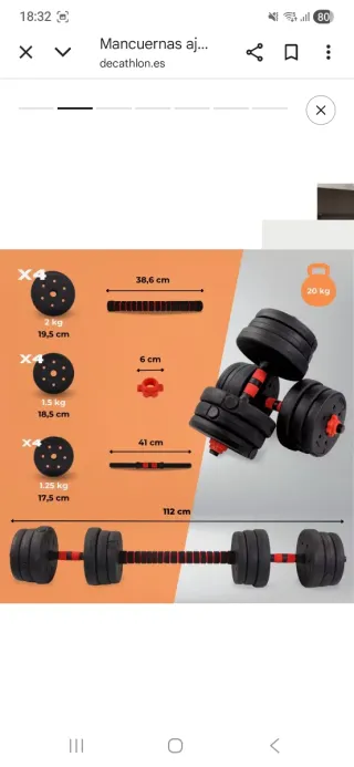 Mancuernas y barra musculación 20 kg