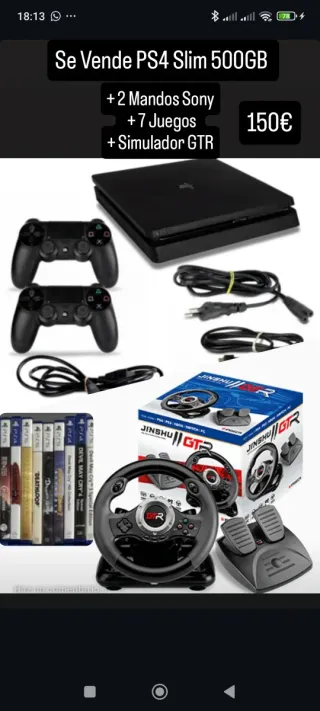 PS4 Slim 500GB + 2 Mandos + 7 Juegos + Volante