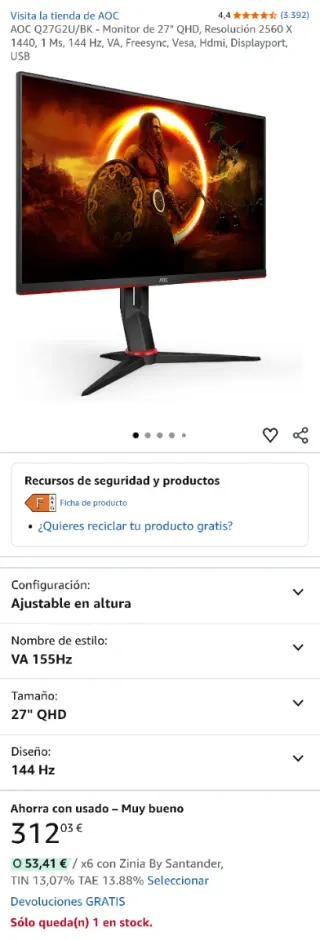 Monitor AOC Q27G2U 27 Negro/Rojo