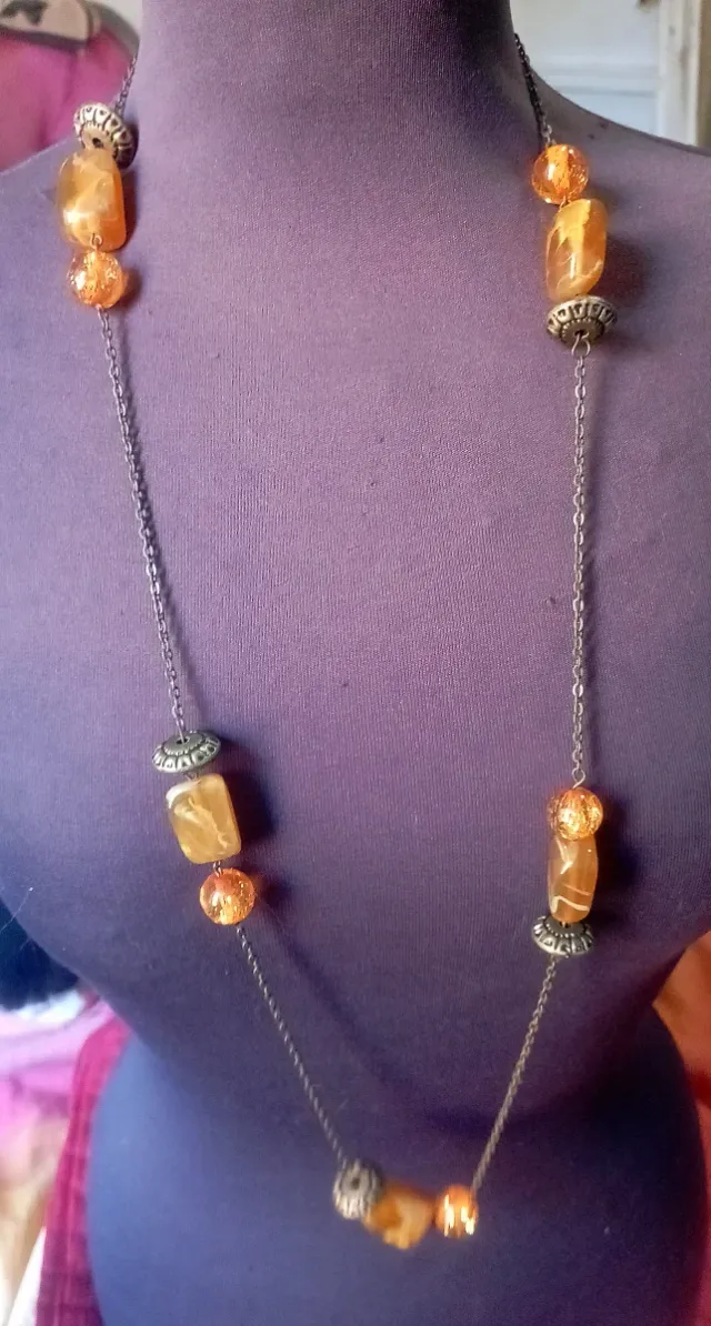 Collana lunga vintage 80 bronzo resina color ambra