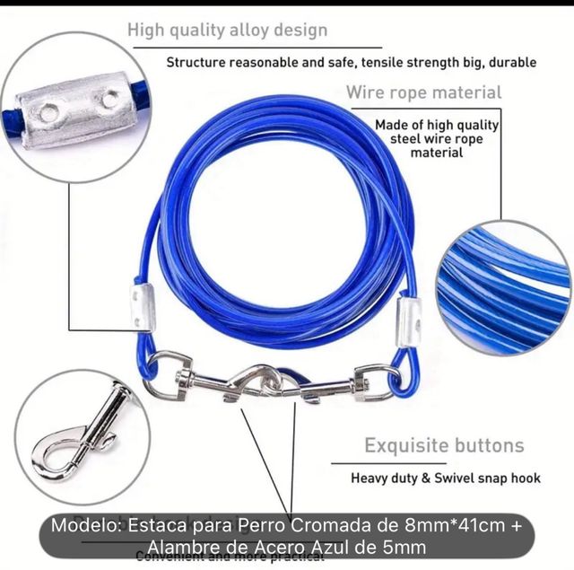 Estaca y Correa para Perro Cromada y Azul