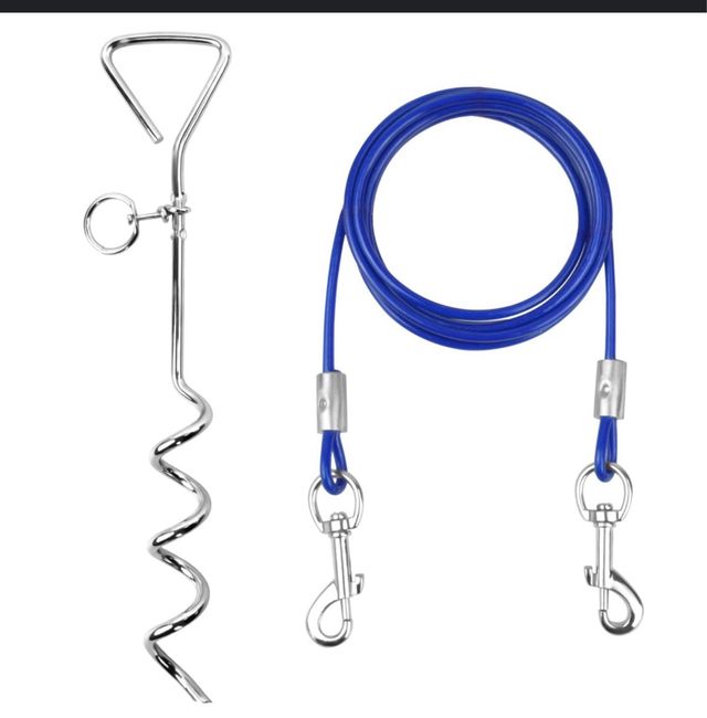 Estaca y Correa para Perro Cromada y Azul