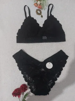 Conjunto Lencería Encaje Negro Talla XL