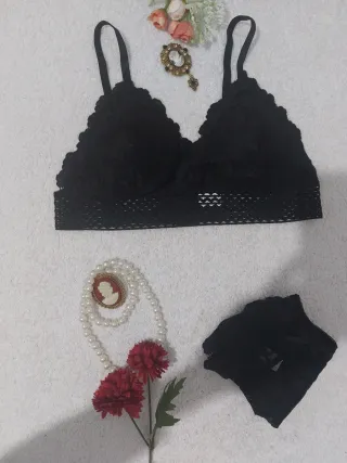 Conjunto Lencería Encaje Negro Talla XL