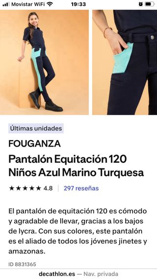 Pantalones Hípica Fouganza Talla 10 Beige/Azul