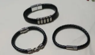 Lote 3 Pulseras Hombre Cuero Negro y Plata