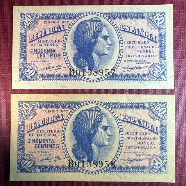 Billetes correlativos50 céntimos 1937 Rep.Española