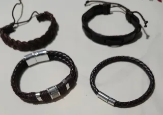 Lote 4 Pulseras Cuero Hombre Marrón/Plata